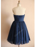 Navy Blue Polka Dots Tulle Pleated Short Bridesmaid Dress